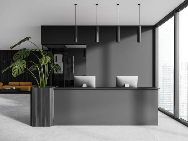 istock Gray office waiting room with reception and couch 1801866436
