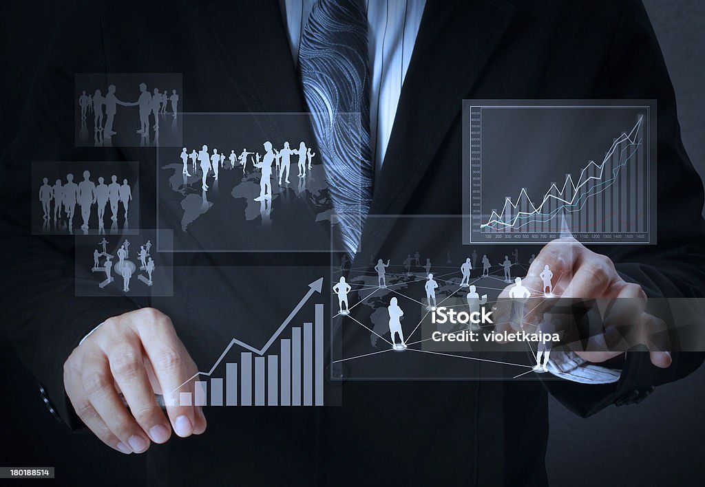 financial symbols coming from hand businessman with financial symbols coming from hand Achievement Stock Photo