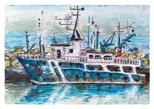 Old boat, ship watercolor illustration for postcard