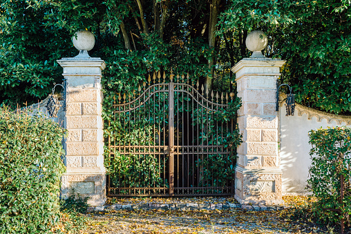 Wrought iron gate, park entrance on a sunny day