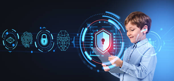 istock School kid working with tablet, digital hologram with face id and privacy 1801905632