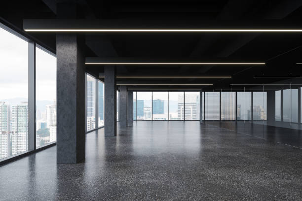 istock Grey empty loft interior and glass partition, panoramic window on skyscrapers 1801905660