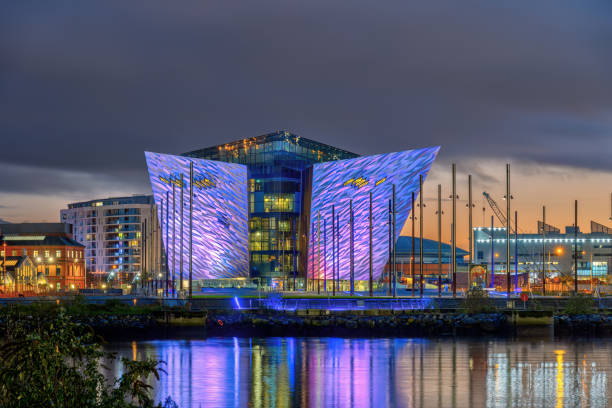 Belfast, Northern Ireland- November 3rd, 2023: The Titanic Belfast Museum illuminated at night