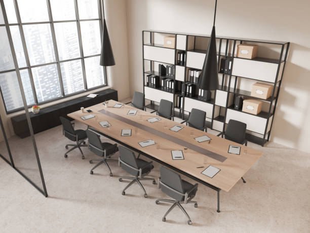 istock Beige office board room interior with bookcase 1801908309