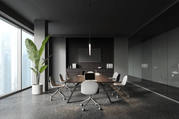 istock Gray board room interior with TV 1801911015