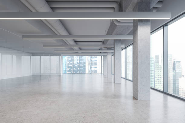 istock Stylish empty interior and glass partition, panoramic window on skyscrapers 1801913181