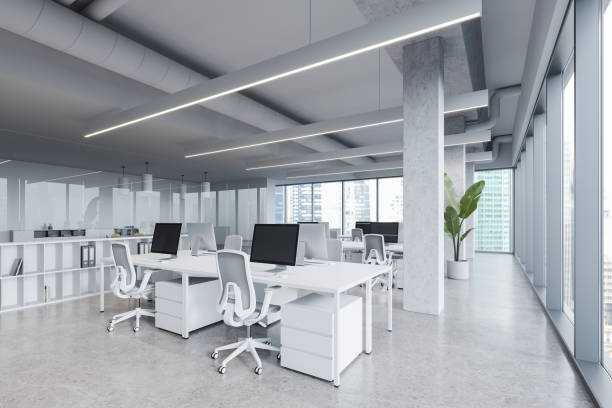 istock Office loft interior with coworking and glass meeting space, panoramic window 1801920135