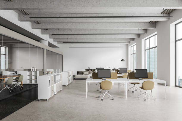 istock Cozy workplace interior with office desk and conference room, panoramic window 1801922297