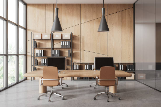 istock Wooden open space office interior with bookcase 1801927480