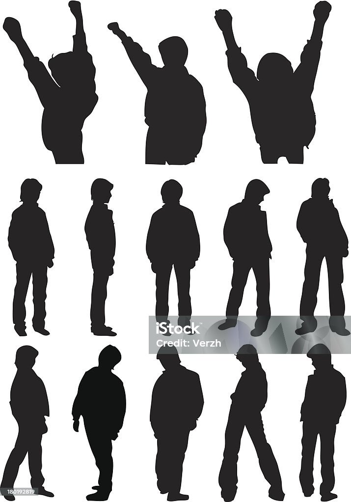 silhouettes of teenagers The illustration shows the silhouettes of young people in various poses. They stand, walk, and raise their hands up. Isolated on a white background on separate layers. Adolescence stock vector