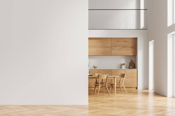 istock Stylish home kitchen interior with eating and cooking zone, mock up wall 1801928507