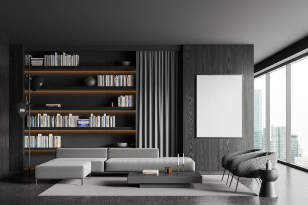 istock Dark home living room interior with relax place and window, mockup frame 1801933766