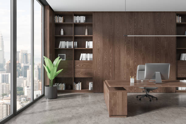 istock Wooden CEO office with bookcase 1801934096