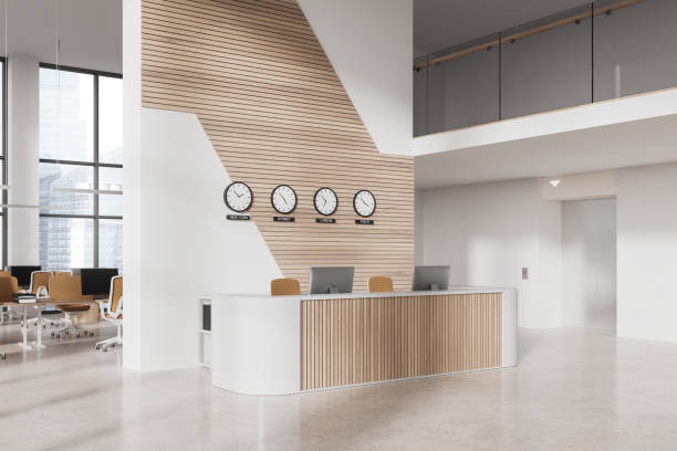 istock White and wooden office hall interior with reception and elevator 1801936878