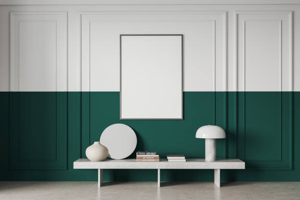 istock Classical gallery room interior with bench and art decoration, mockup frame 1801938466