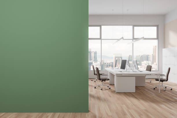 istock Cozy workspace interior with chairs and desk, panoramic window. Mock up wall 1801943825