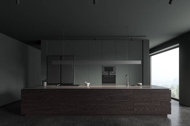 istock Grey home kitchen interior with bar island and cabinet near panoramic window 1801944337