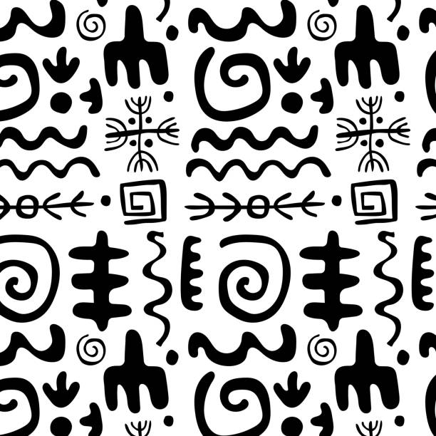 бесшовный узор с примитивными этническими орнаментами, петроглифами - anasazi stock illustrations