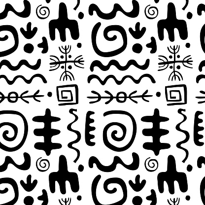 Seamless pattern with primitive ethnic ornaments, petroglyphs. Arrows, lines, spirals, circles. Patterns, drawings of ancient tribe, Stone Age. Design element for textiles, paper, fabrics, postcard