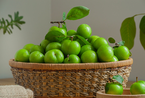 Fresh Green Plums, sour fruit.