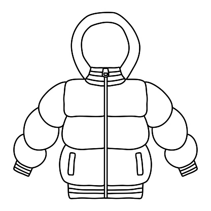 Warm winter jacket with hood, doodle style flat vector outline for coloring book
