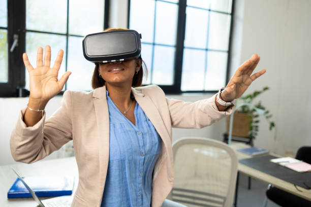 istock Portrait of a woman on work using virtual reality glasses 1801997093