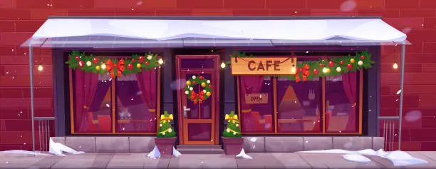 Vector illustration of Christmas cafe decorated with garlands