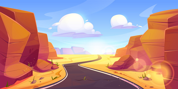 Desert road among canyon cartoon vector illustration. Empty highway surrounded by sand and rock mountains with clouds in sky. Sunny landscape of western scene with valley with route for trip.