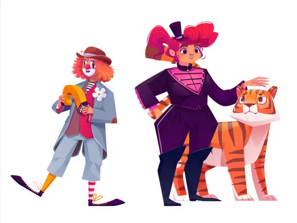 Vector illustration of Male clown and female animal tamer