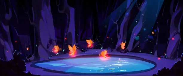Vector illustration of Fireflies on swamp in forest cartoon vector
