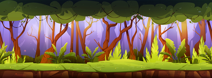 Seamless game forest landscape. Vector cartoon illustration of natural background with green grass on ground, lianas on trees, woodland shadows, fireflies in air. Adventure road for gui level design