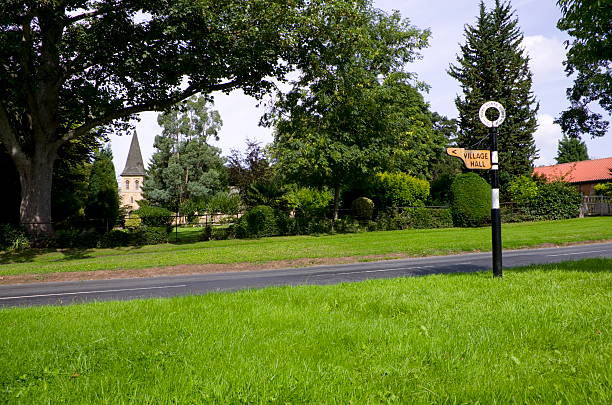 Typical idillic English village green with old North Riding of Yorkshire sign and village church in background.