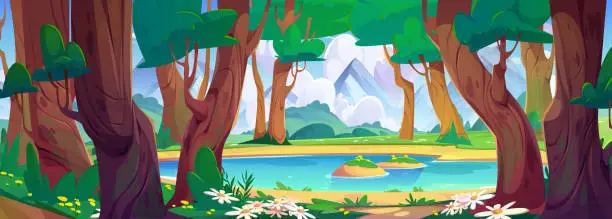 Vector illustration of Beautiful spring forest with flowers around lake