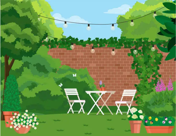 Vector illustration of Back patio with garden furniture on a background of green plants.