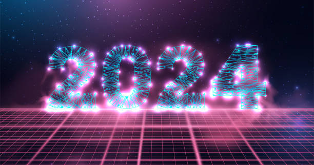istock Happy new year 2024 greeting card, numbers from a polygonal wireframe mesh with pink smoke. Abstract background. Vector illustration. 1802059402