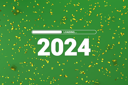 2024 Text And Bar Loading On Green Background With Confetti