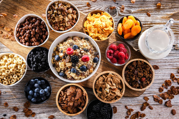 istock Breakfast cereal products and fresh fruits 1802059933