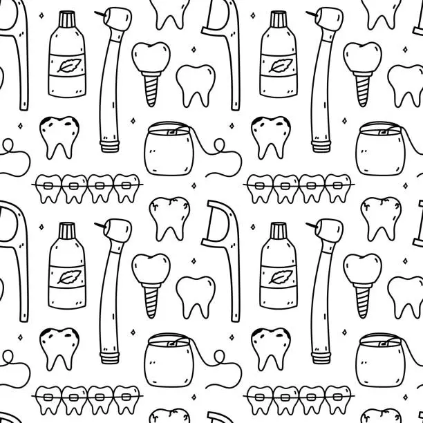 Vector illustration of Seamless pattern with dental items - mouthwash, dental floss, teeth, implants, braces and dental drill. Oral hygiene. Vector hand-drawn doodle illustration. Perfect for print, wallpaper, decorations.