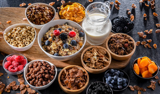 istock Breakfast cereal products and fresh fruits 1802060032