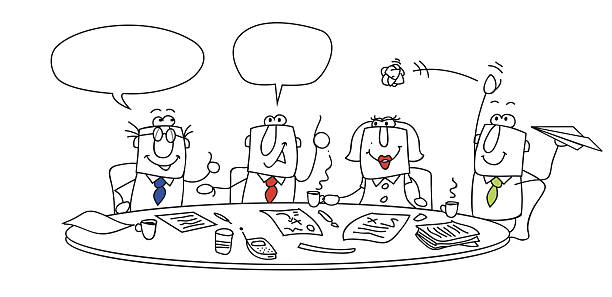 Cartoon meeting with empty bubbles for words Group of managers around a table. This meeting is very important ! funny contract stock illustrations