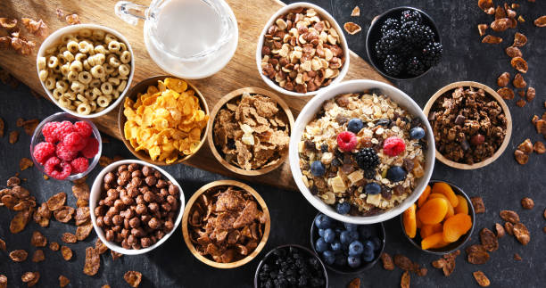 istock Breakfast cereal products and fresh fruits 1802061137