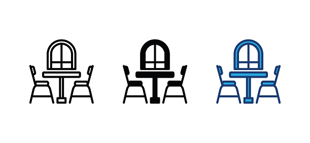 Dining room icon. Furniture, chair, table, window, home interior icon symbol. Vector illustration