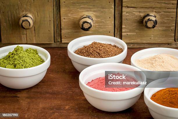 Super Fruit And Leaf Powders Stock Photo - Download Image Now - Antioxidant, Baobab Tree, Bowl