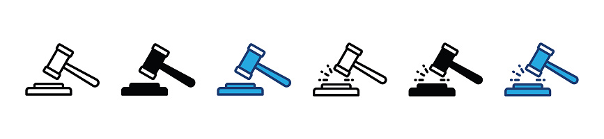 Auction hammer line icon set. Judge gavels, auction hammer, law, court tribunal icon symbol collection in line and flat style. Knock the hammer of justice. Vector illustration