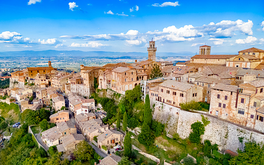 Aerial view of Montepulciano, a medieval and Renaissance hill town in the Italian province of Siena in southern Tuscany, Italy