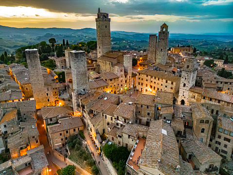 Aerial view of San Gimignano, a walled medieval hill town in the province of Siena, Tuscany, Italy