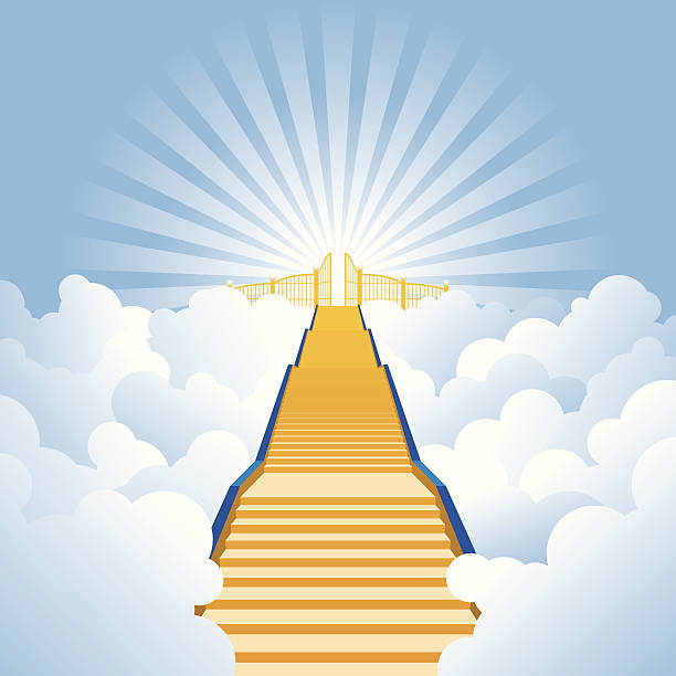 Vector illustration of golden stairway to heaven Layered, vector illustration of a stairway leading up through the clouds to the pearly gates. No transparency, with lots of layers for easy editing. gate stock illustrations