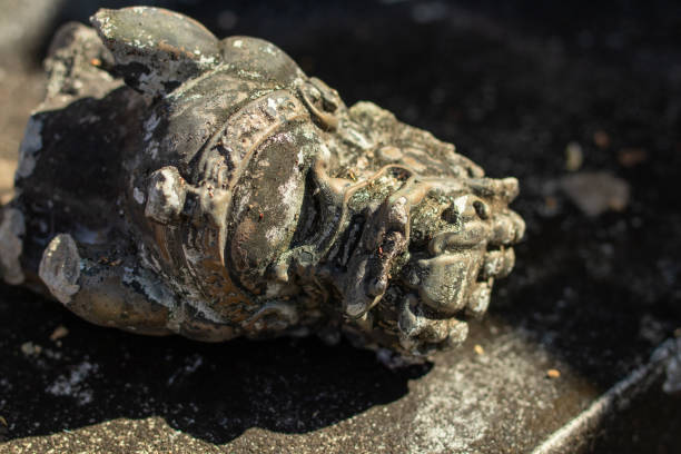 istock The small lion statue is made of stucco and has an old appearance. 1802090331