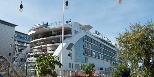 The rear (stern) and starbpard side of Sunborn, a five-star luxury yacht-hotel, stationary in the Ocean Village area of Gibraltar.
