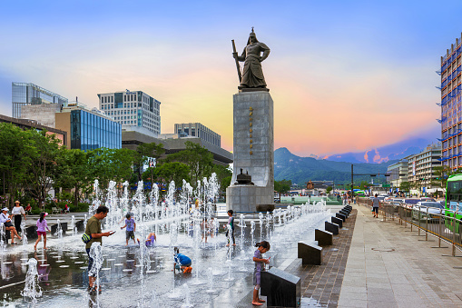 Seoul, South Korea: July 2, 2023: Seoul, South Korea: August 6, 2023: The statue of Admiral Yi Sun-shin at Gwanghwamun Square is an important landmark in South Korea.